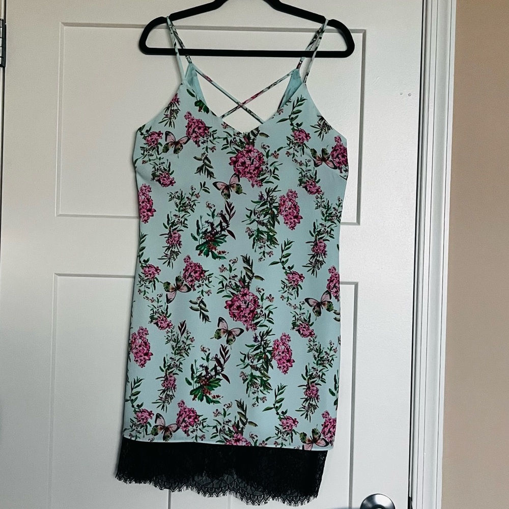 Adelyn Rae Flowery Slip Dress with Black Lace Details